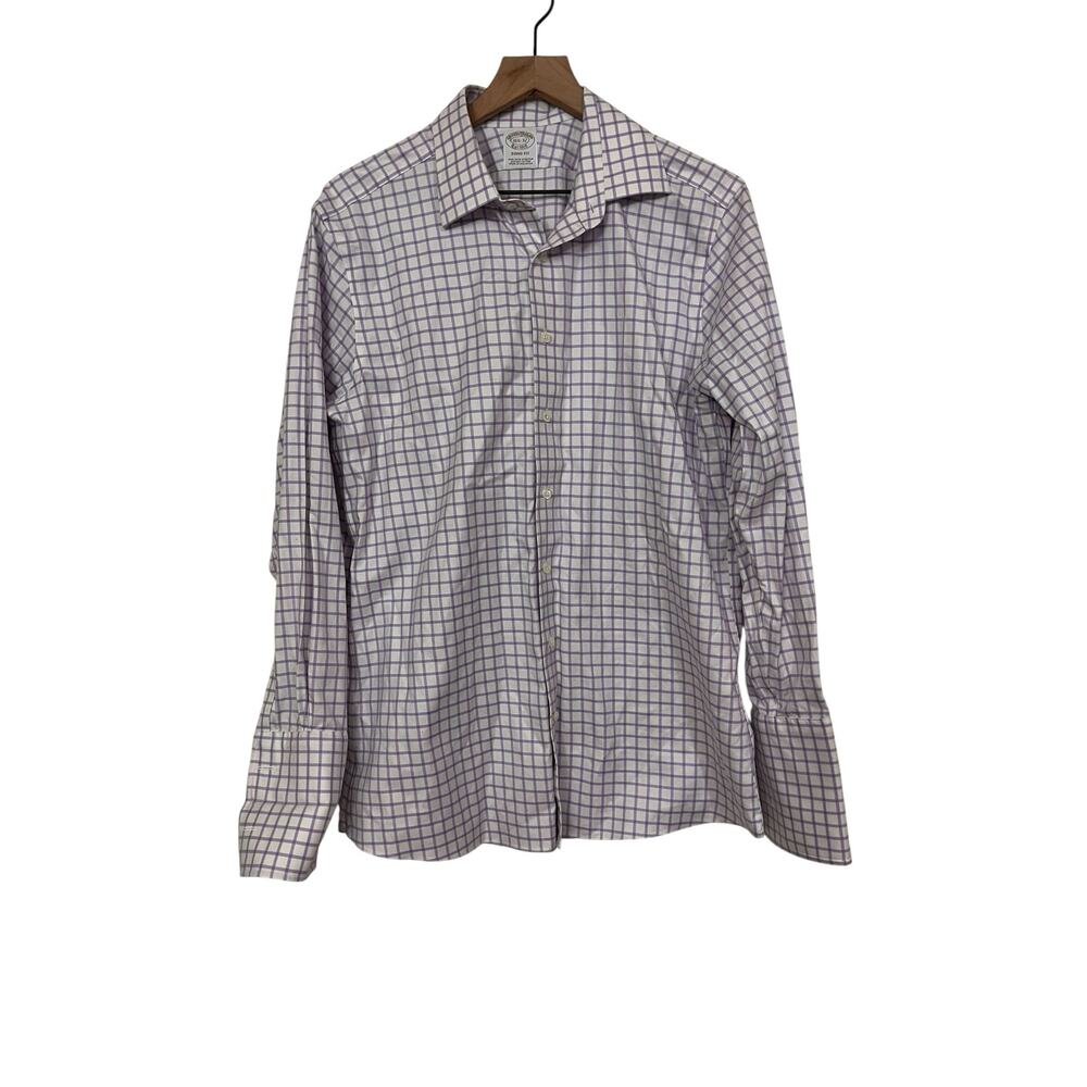 Brooks Brothers Mens Purple White Checked Dress Shirt Soho Fit Size 16 1/2 - 32